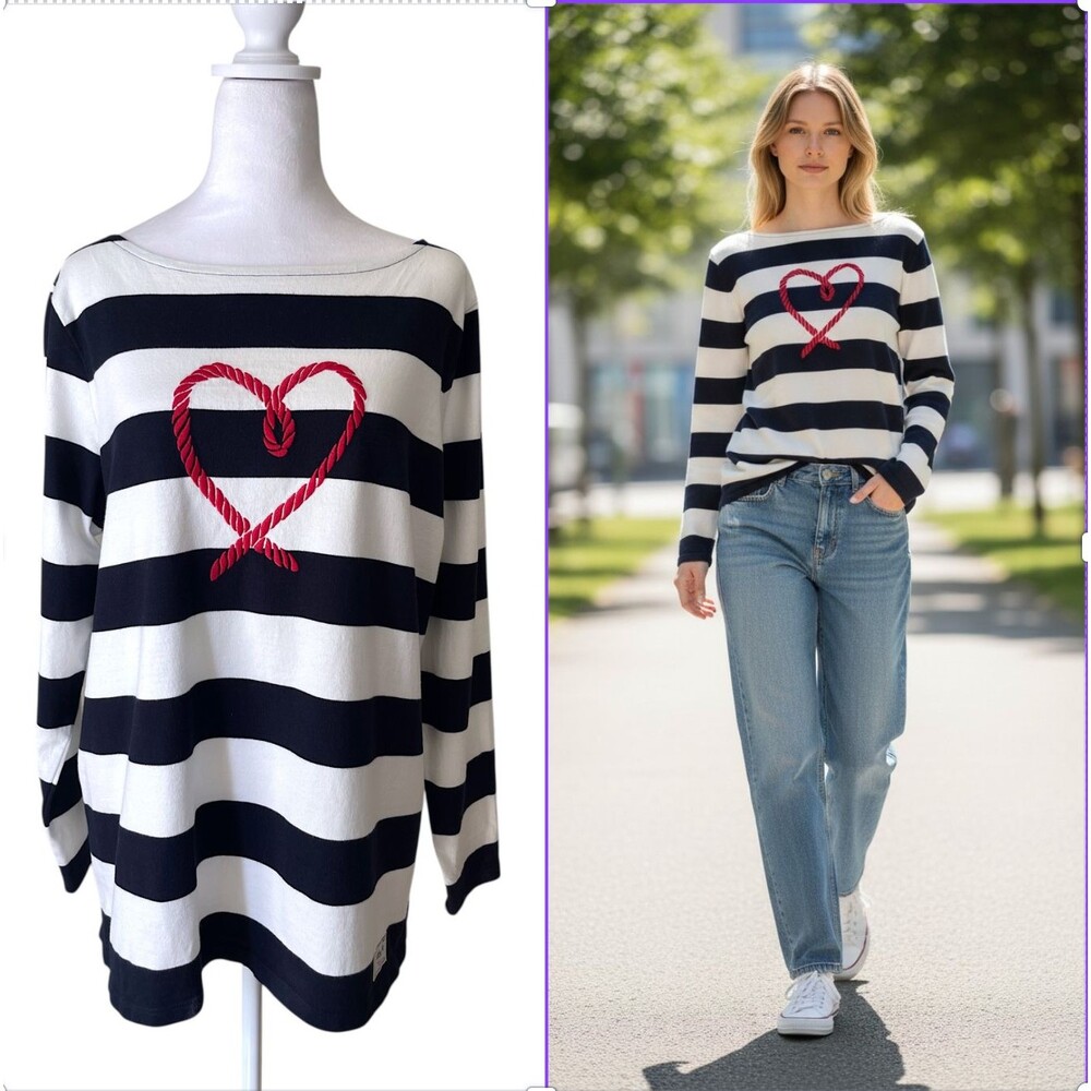 Talbots Nautical Stripe Rope Heart Top Tee Long Sleeve Cotton Sz 14W